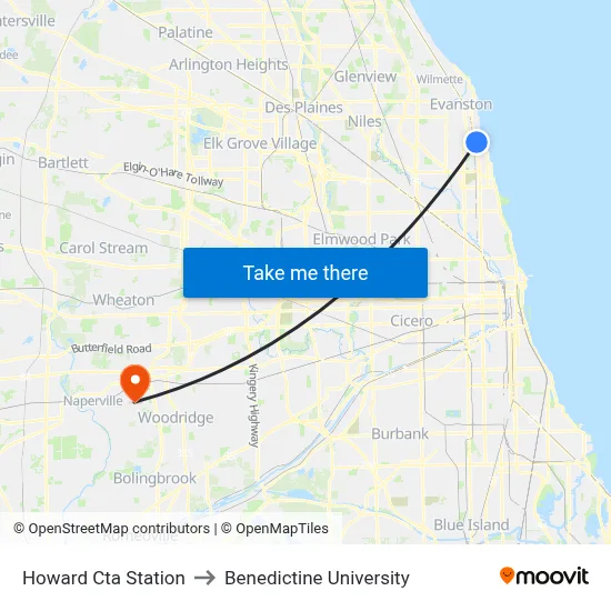Howard Cta Station to Benedictine University map
