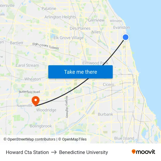 Howard Cta Station to Benedictine University map