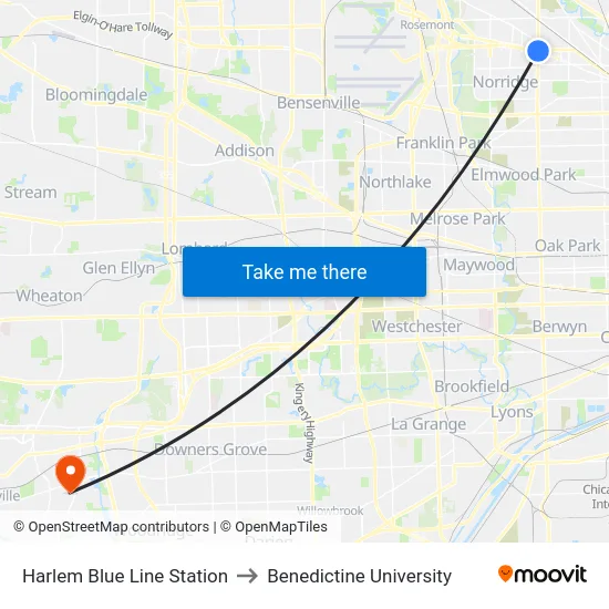Harlem Blue Line Station to Benedictine University map