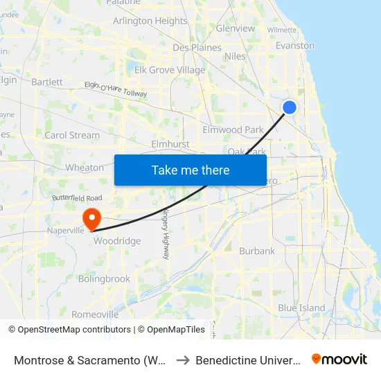 Montrose & Sacramento (West) to Benedictine University map