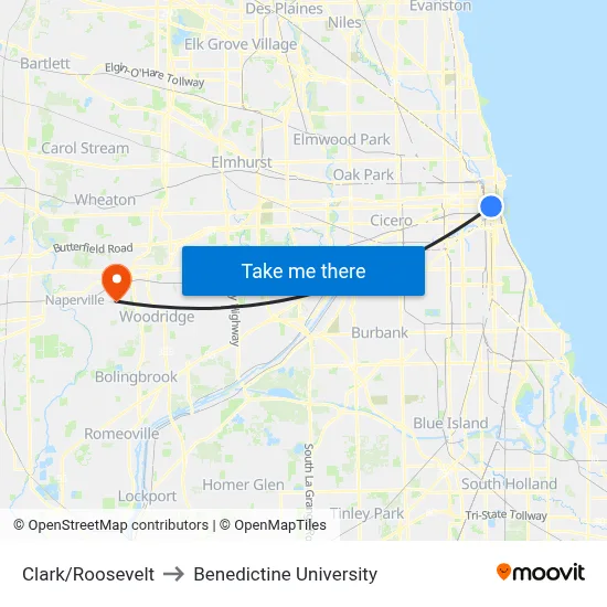 Clark/Roosevelt to Benedictine University map