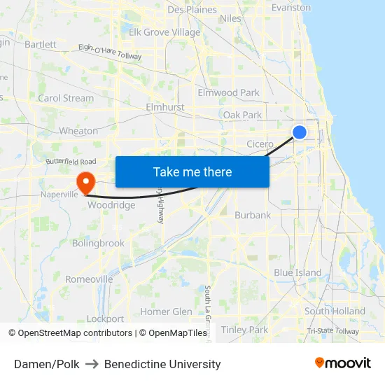 Damen/Polk to Benedictine University map