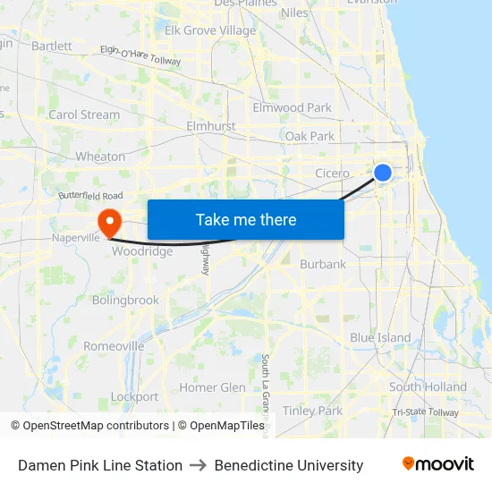 Damen Pink Line Station to Benedictine University map