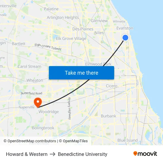 Howard & Western to Benedictine University map