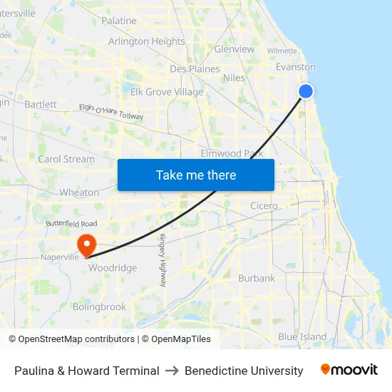 Paulina & Howard Terminal to Benedictine University map