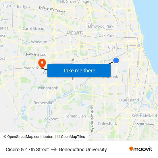 Cicero & 47th Street to Benedictine University map