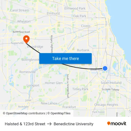 Halsted & 123rd Street to Benedictine University map