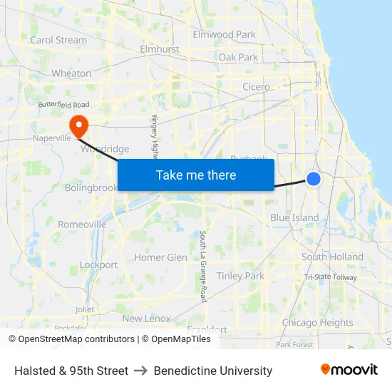 Halsted & 95th Street to Benedictine University map