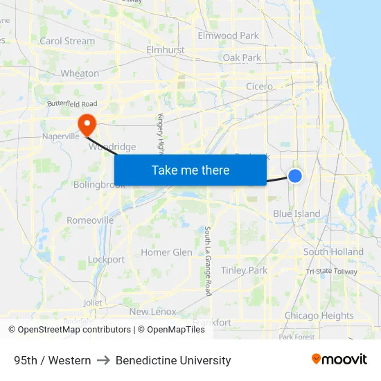 95th / Western to Benedictine University map