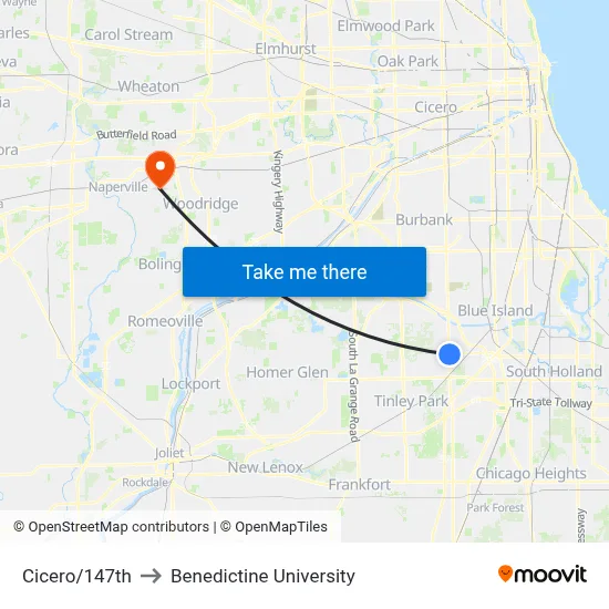 Cicero/147th to Benedictine University map
