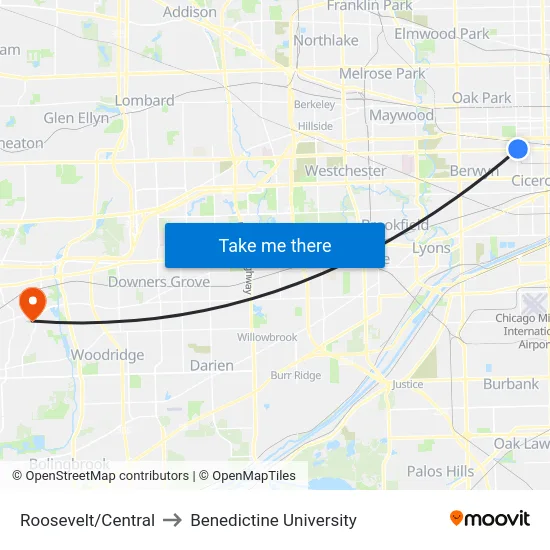 Roosevelt/Central to Benedictine University map