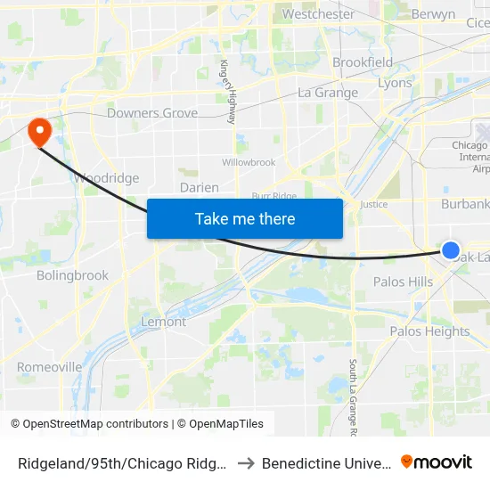 Ridgeland/95th/Chicago Ridge Mall to Benedictine University map