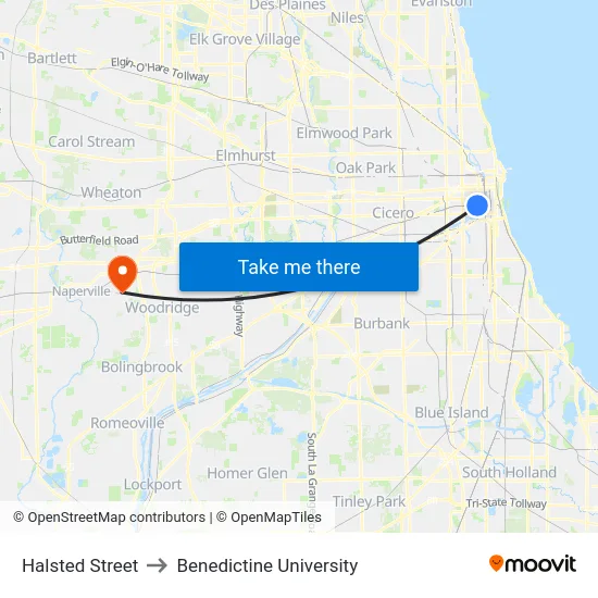 Halsted Street to Benedictine University map
