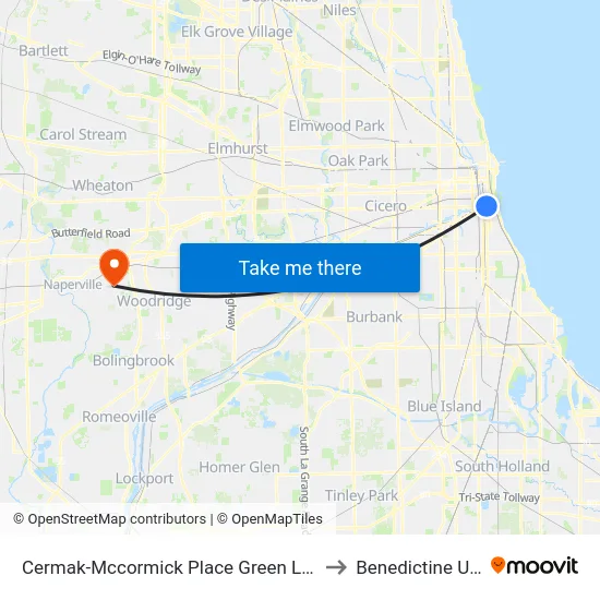 Cermak-Mccormick Place Green Line Station (West) to Benedictine University map