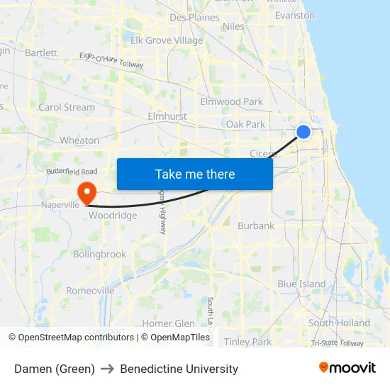 Damen (Green) to Benedictine University map