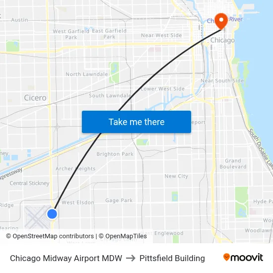 Chicago Midway Airport MDW to Pittsfield Building map