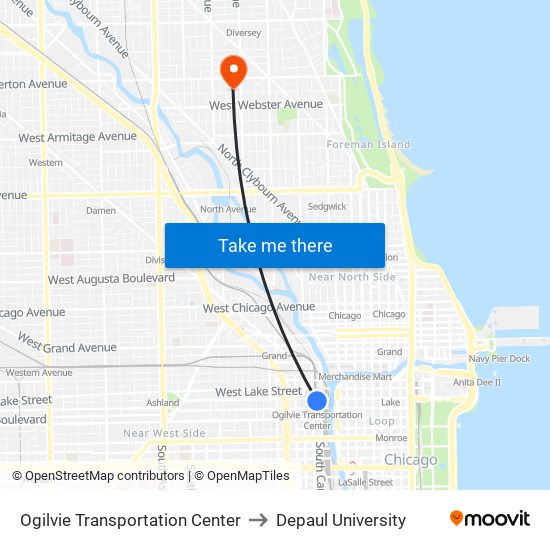 Ogilvie Transportation Center to Depaul University map