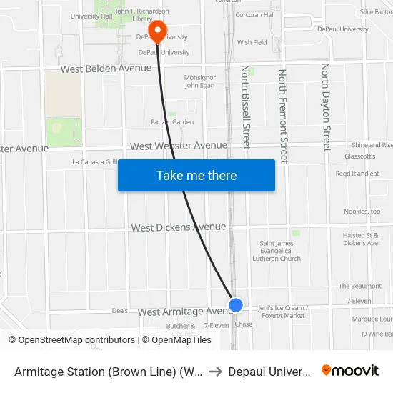 Armitage Station (Brown Line) (West) to Depaul University map