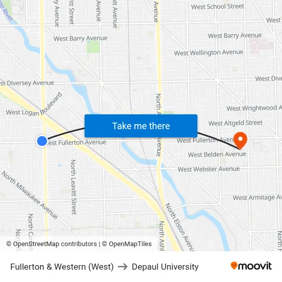 Fullerton & Western (West) to Depaul University map
