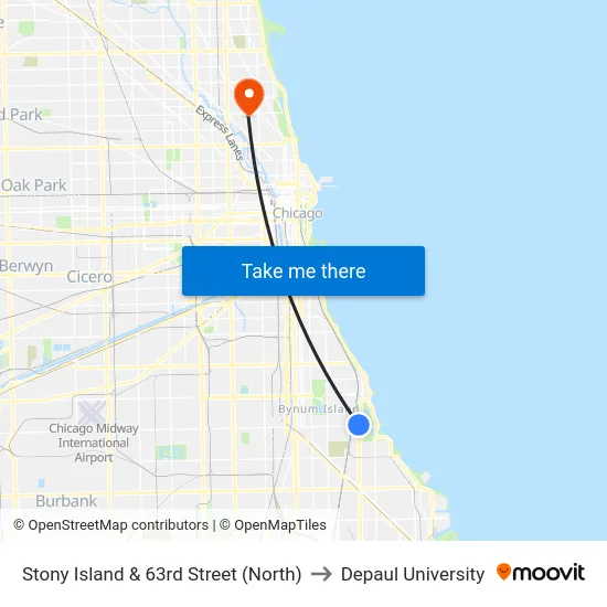 Stony Island & 63rd Street (North) to Depaul University map