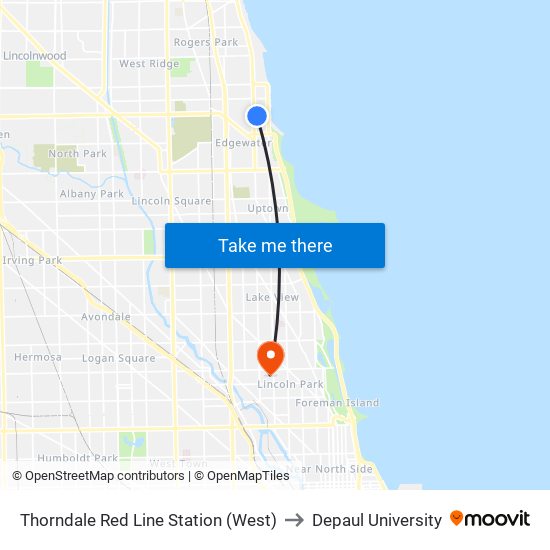 Thorndale Red Line Station (West) to Depaul University map
