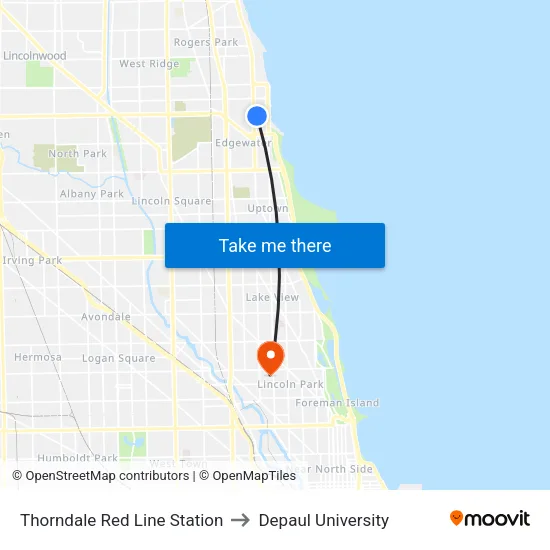 Thorndale Red Line Station to Depaul University map