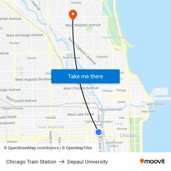Chicago Train Station to Depaul University map