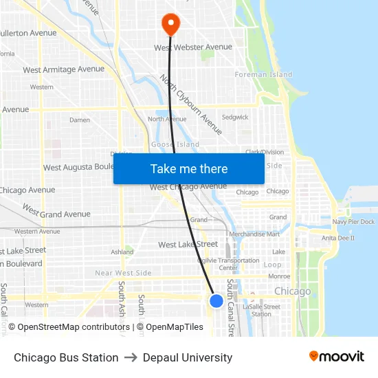 Chicago Bus Station to Depaul University map