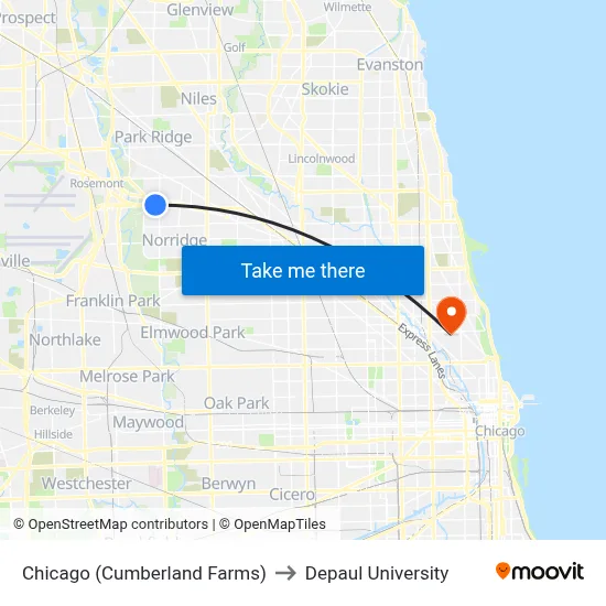 Chicago (Cumberland Farms) to Depaul University map