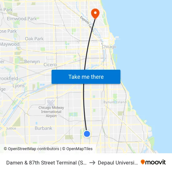 Damen & 87th Street Terminal (Se) to Depaul University map
