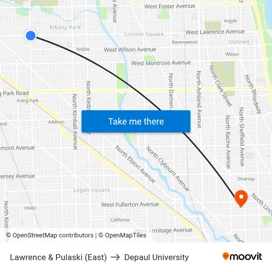 Lawrence & Pulaski (East) to Depaul University map