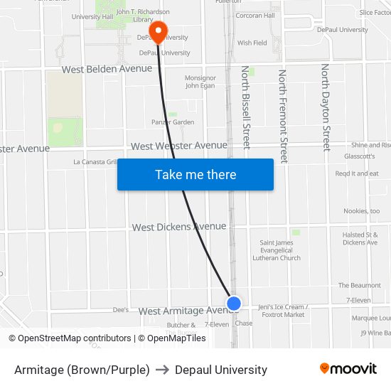 Armitage (Brown/Purple) to Depaul University map