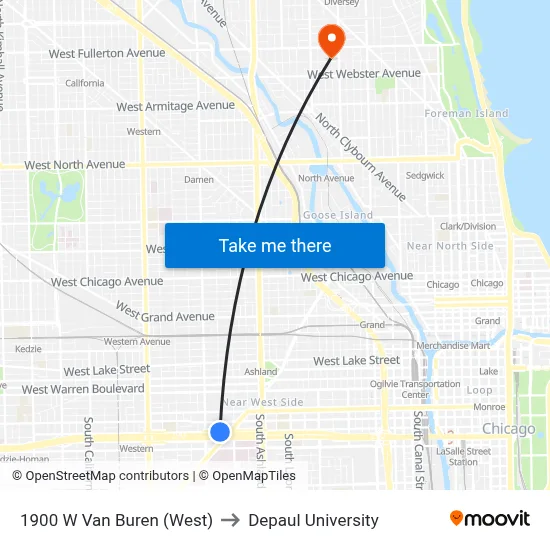 1900 W Van Buren (West) to Depaul University map