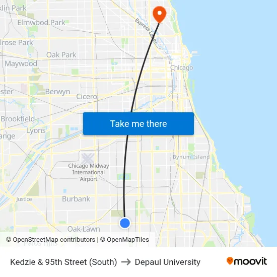 Kedzie & 95th Street (South) to Depaul University map