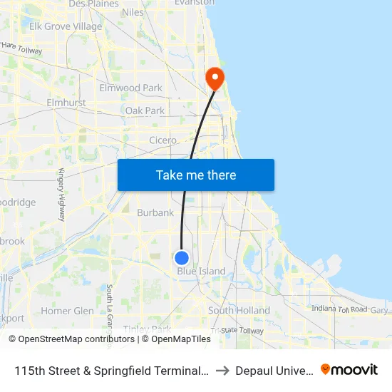 115th Street & Springfield Terminal (South) to Depaul University map
