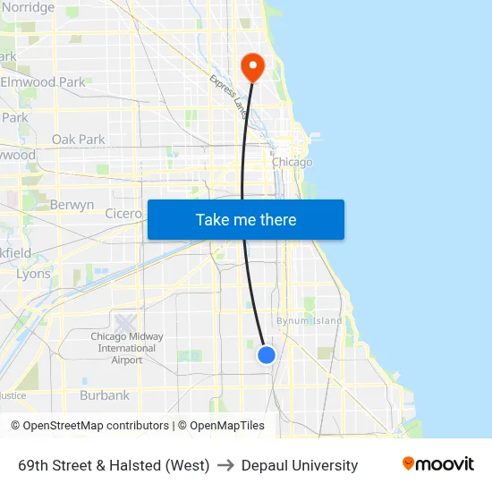 69th Street & Halsted (West) to Depaul University map