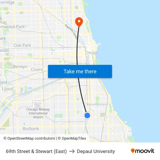 69th Street & Stewart (East) to Depaul University map