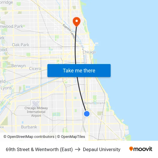 69th Street & Wentworth (East) to Depaul University map