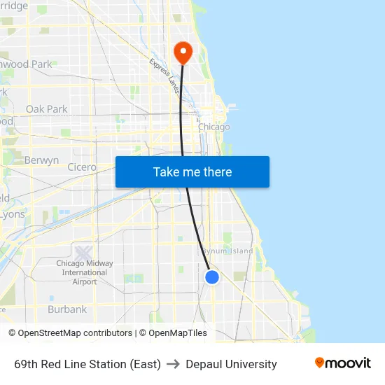 69th Red Line Station (East) to Depaul University map