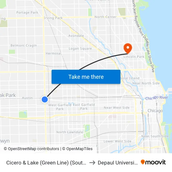 Cicero & Lake (Green Line) (South) to Depaul University map
