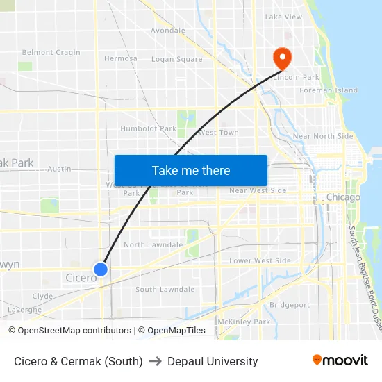 Cicero & Cermak (South) to Depaul University map