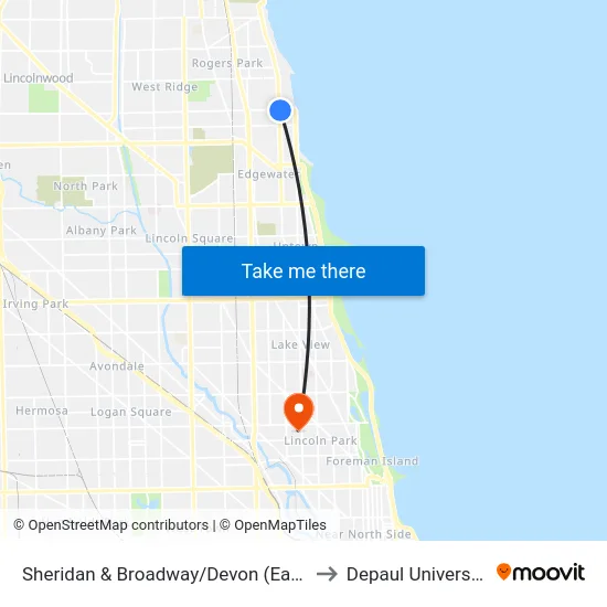 Sheridan & Broadway/Devon (East) to Depaul University map
