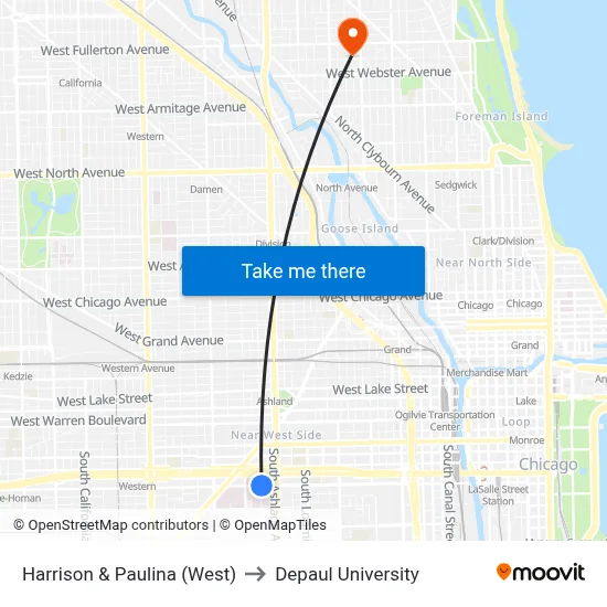 Harrison & Paulina (West) to Depaul University map