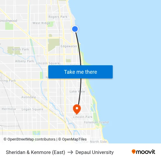 Sheridan & Kenmore (East) to Depaul University map