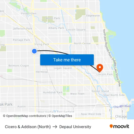 Cicero & Addison (North) to Depaul University map