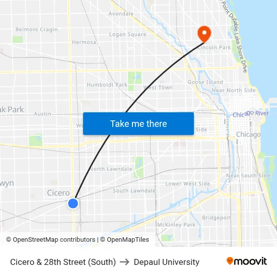Cicero & 28th Street (South) to Depaul University map