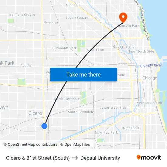 Cicero & 31st Street (South) to Depaul University map