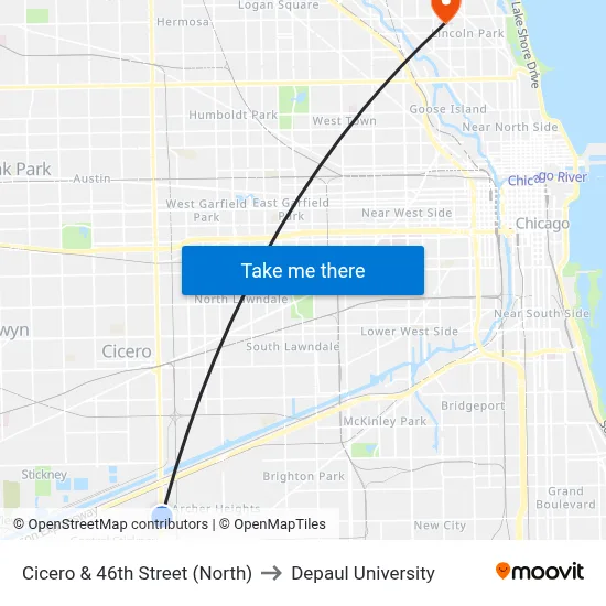 Cicero & 46th Street (North) to Depaul University map