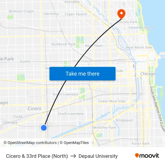 Cicero & 33rd Place (North) to Depaul University map