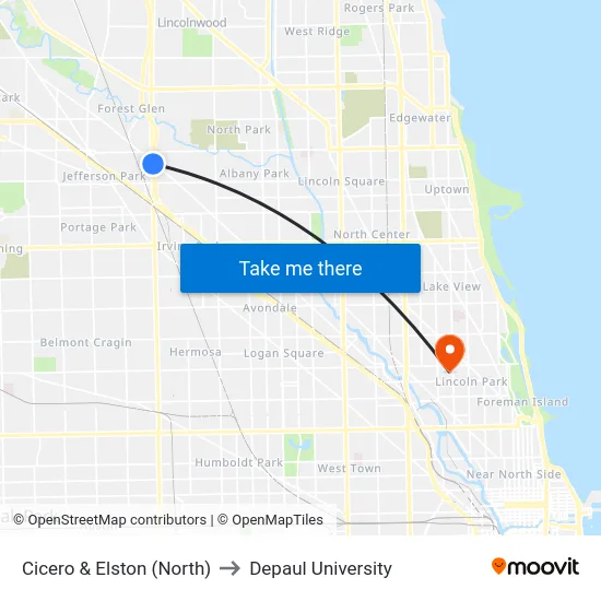 Cicero & Elston (North) to Depaul University map